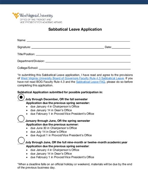 Fillable Online Sabbatical Leave Application WVU Faculty Fax Email