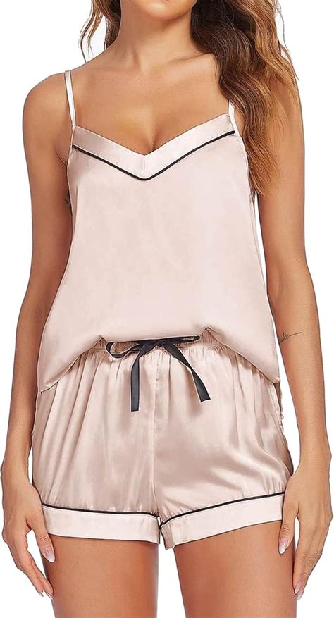 Ekouaer Satin Pajamas Womens Soft Sleepwear Lingerie Silk Cami Shorts