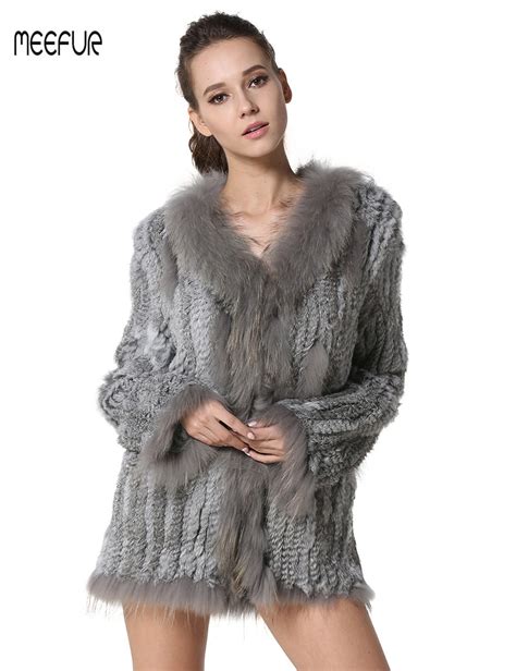 Meefur Real Knitted Rabbit Fur Coats For Womens With Raccoon Fur Collar