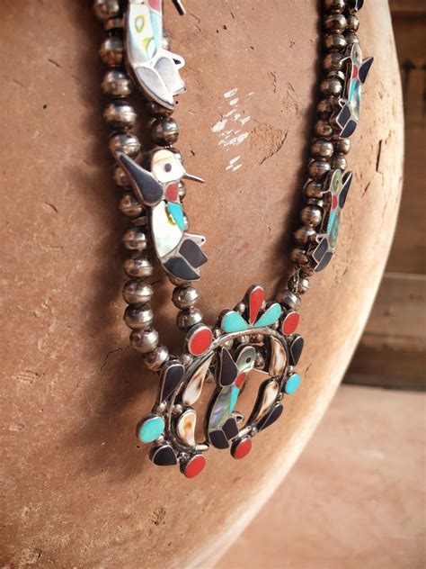 Zuni Inlay Multi Stone Squash Blossom Necklace Hummingbird Coral