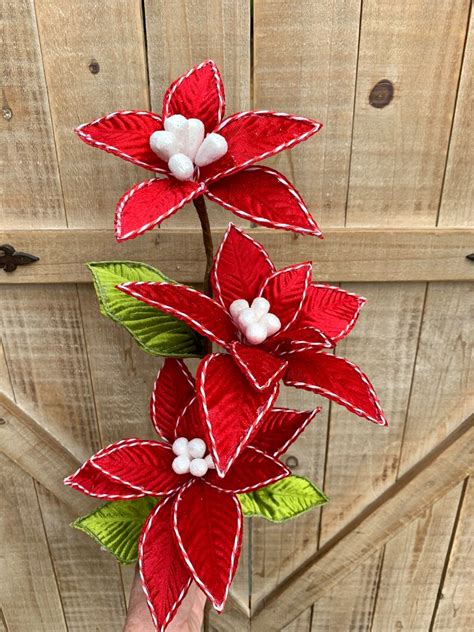 Peppermint Edge Velvet Poinsettia Stem Christmas Pick Wreath Etsy