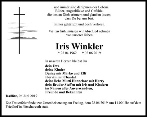 Traueranzeigen Von Iris Winkler Trauer In Thueringen De