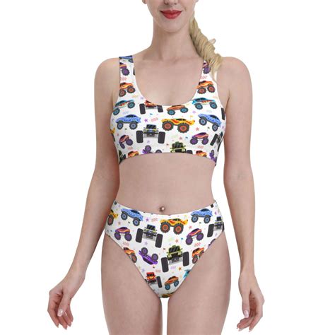 Logiee Cartoon Monster Trucks Print Women S Piece Bikini Set Halter Bathing Suit High Waisted