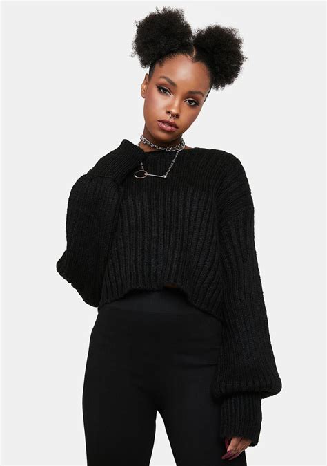 Ribbed Knit Puff Sleeve Cropped Crewneck Sweater Dolls Kill