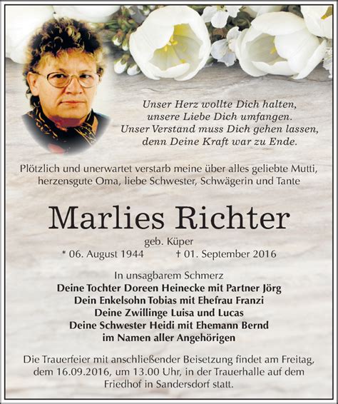 Traueranzeigen Von Marlies Richter Abschied Nehmen De