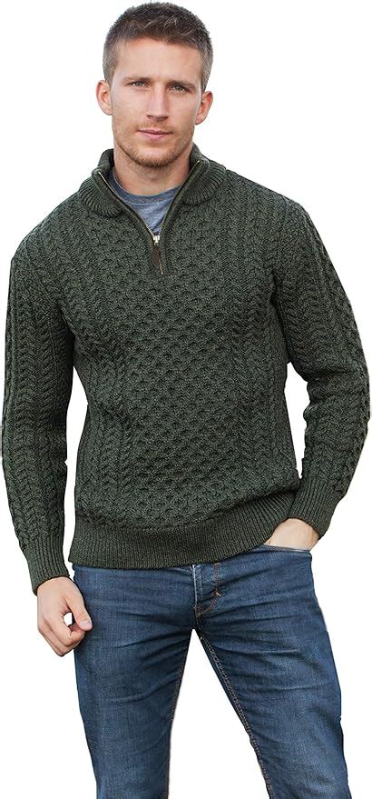 Mens Aran Cable Knit Half Zip Sweater 100 New Merino Wool Mock Neck