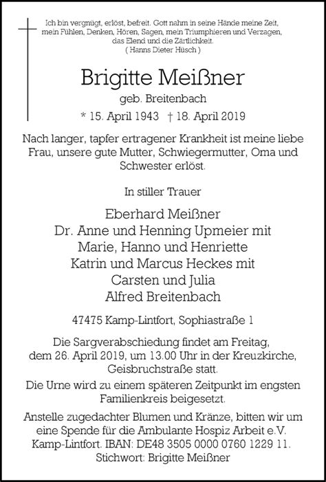 Traueranzeigen Von Brigitte Mei Ner Trauer In Nrw De