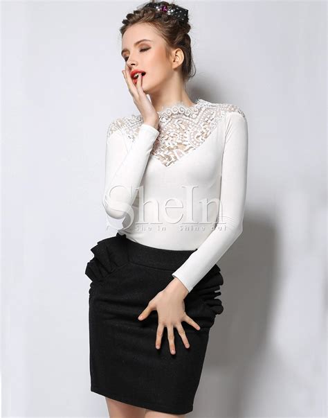 White Long Sleeve Contrast Lace T Shirt Shein Sheinside