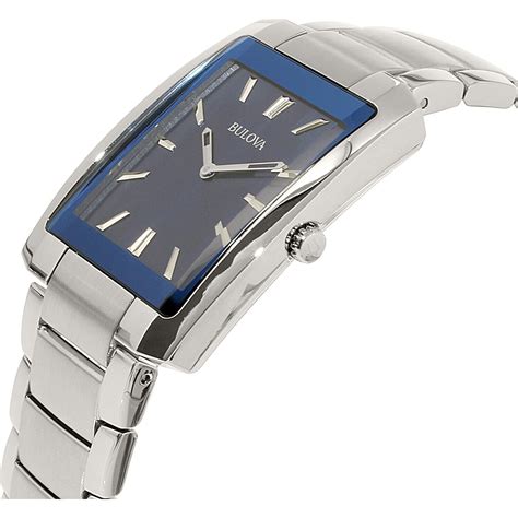 Bulova Mens Quartz Rectangular Silver Tone Case Blue Dial 35 Mm Watch