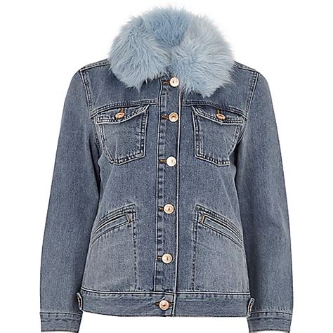 Mid Blue Faux Fur Trim Denim Jacket Coats And Jackets Sale Women