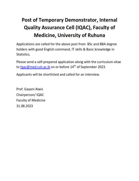 Post of Temporary Demonstrator, Internal Quality Assurance Cell (IQAC ...