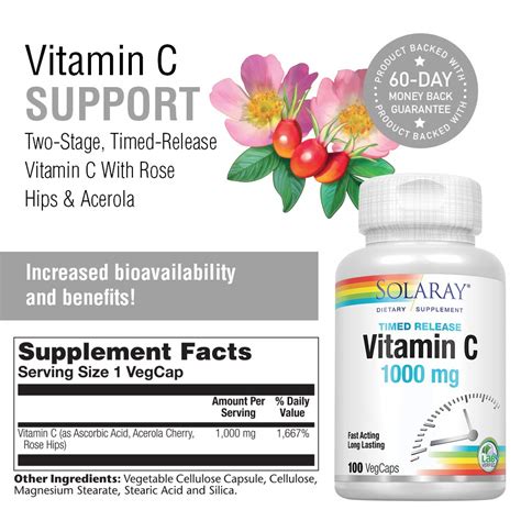 Solaray Vitamin C W Rose Hips Acerola 1000mg Two Stage Timed