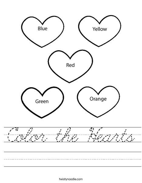 Color The Hearts Worksheet Cursive Twisty Noodle