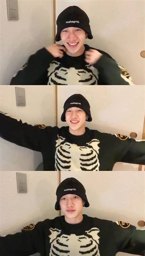 Three Pictures Of A Man Wearing A Skeleton Shirt And Beanie With His