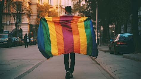 Premium AI Image A Person Posing With LGBT Flag Covering His Body On Street Rainbow Gay Flag