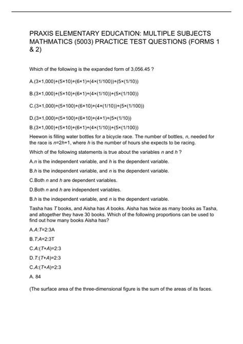 Praxis Elementary Education Multiple Subjects Mathmatics 5003