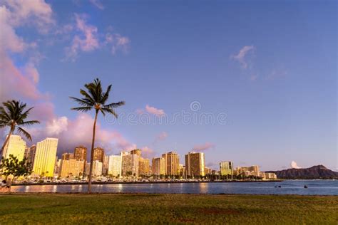 Sunset Colors Reflect From Honolulu Buildings Stock Image Image Of