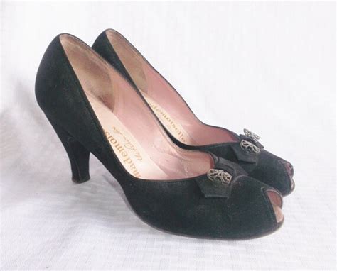 1950s Vintage Black Suede High Heel Pumps Shoes With Open