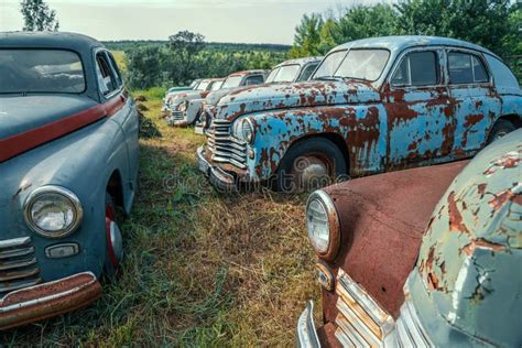 Antigos Carros Abandonados E Retro Enferrujados Em áreas Verdes De