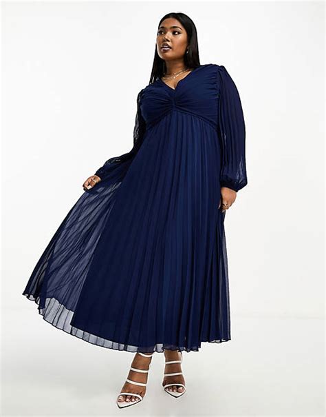 Asos Design Curve Pleated Bodice Plunge Neck Midi Dress In Navy Asos