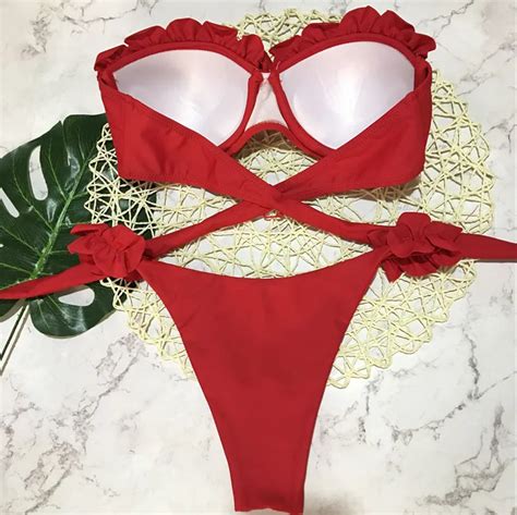 New Sexy Lace Up Ruffled Bikini Women Bandeau Swimsuit Female Push Up Swimwear Leopard Bikini Set