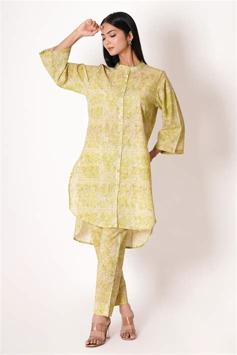 Buy Yellow Cotton Digital Print Floral Limeade Kurta And Pant Co Ord