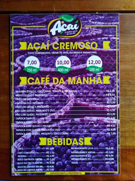 Menu em Kiosque do Açaí Bosque pub Bar Rio Branco