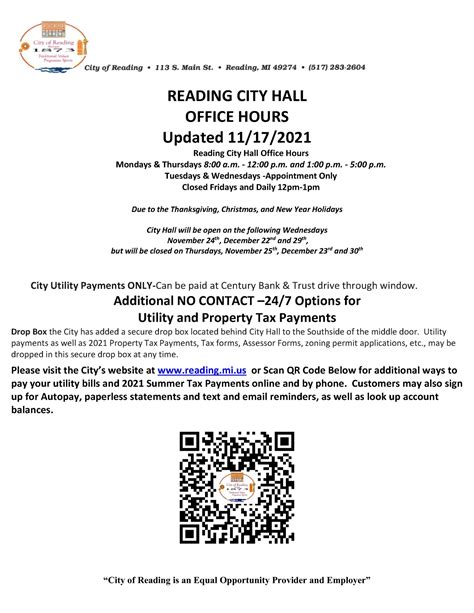 City Hall Hours - City of Reading, MI