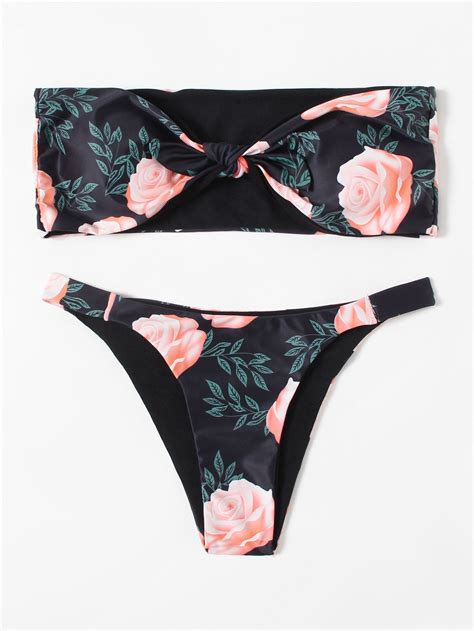 Shop Flower Print Knot Bandeau Bikini Set Online Shein Offers Flower