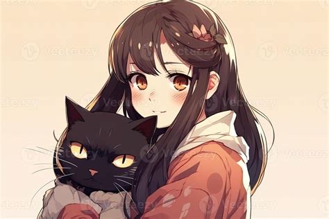 Serious Girl With Dark Hair Hugging A Black Cat In Anime Style