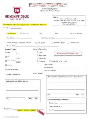 Fillable Online Registrar Msstate Please Complete Form Before