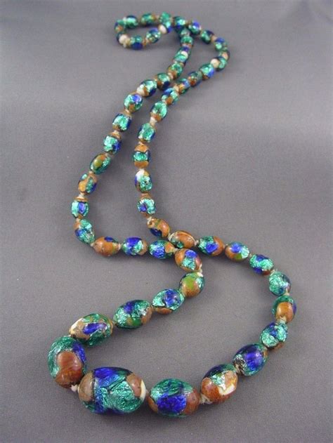 Antique C Aqua Cobalt Blue Peacock Eye Foil Glass Bead Necklace