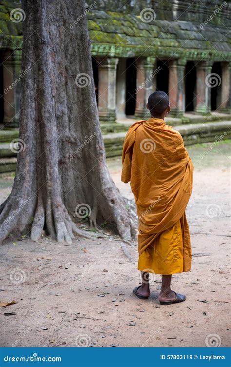 Buddhist Monk Stands At Old Temple Of Angkor Cambodia Editorial Stock