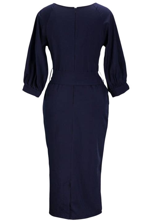 Navy Blue Puff Sleeve Belt Knee Length Chiffon Pencil Dress With