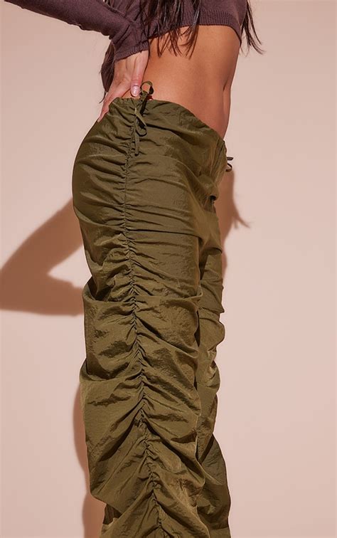 Khaki Parachute Shell Ruched Leg Trousers Prettylittlething Ire