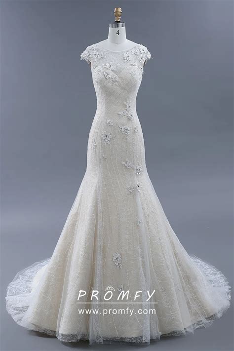 Beaded Lace 3D Flowers Tulle Cream Wedding Gown Promfy