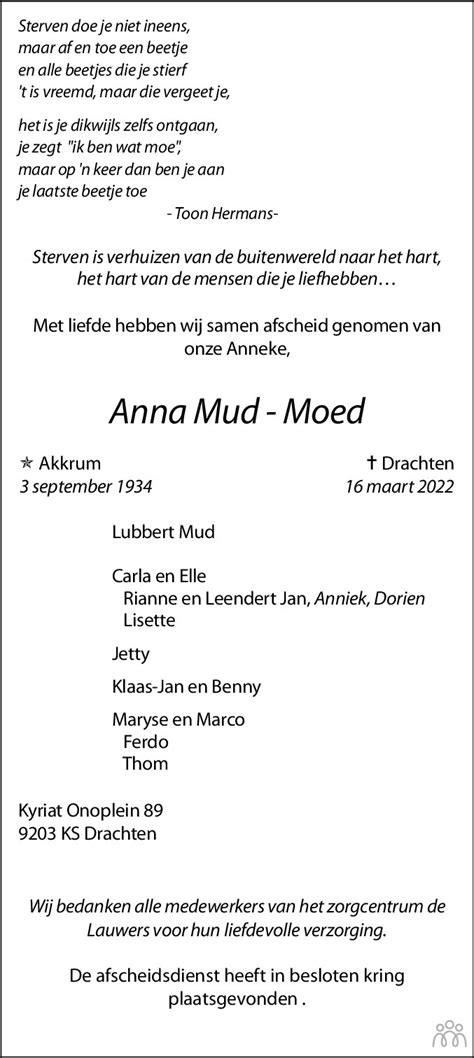 Anneke Anna Mud Moed Overlijdensbericht En Condoleances