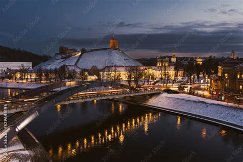 Aerial Vilnius City Panorama In Winter With Snow Covered Houses