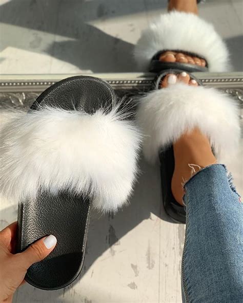 Peep Toe Fluffy Flat Slipper Sandals Online Discover Hottest Trend Fashion At