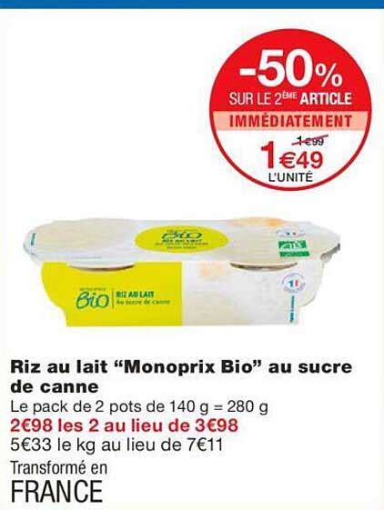 Promo Riz Au Lait Monoprix Bio Au Sucre De Canne Chez Monoprix