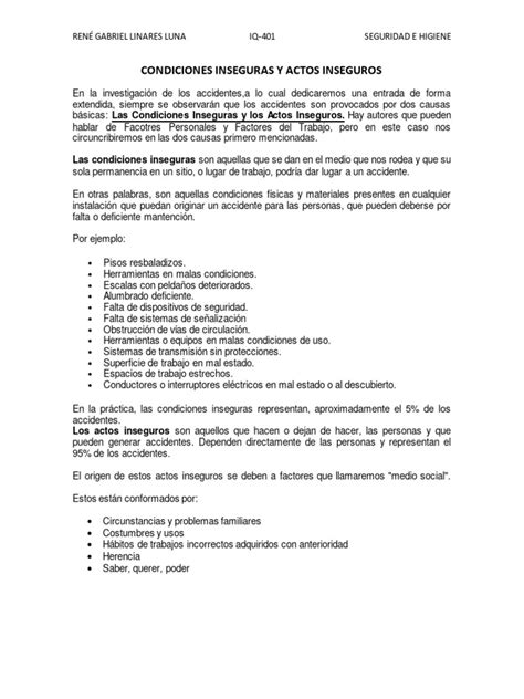 Condiciones Inseguras Y Actos Inseguros Pdf Computadoras