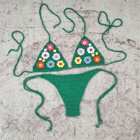 100 Hand Crochet Bikini Set Flower Applique