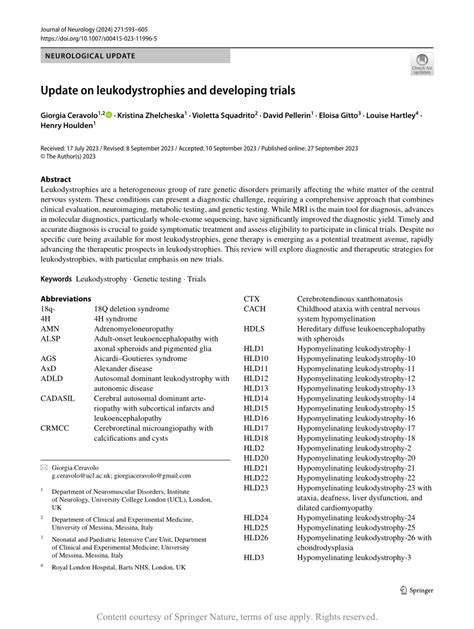 Pdf Update On Leukodystrophies And Developing Trials