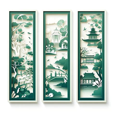 Premium Ai Image Panel Of Chinese Gardens With Paper Cut Frame Green And Peaceful Colo 2d Flat