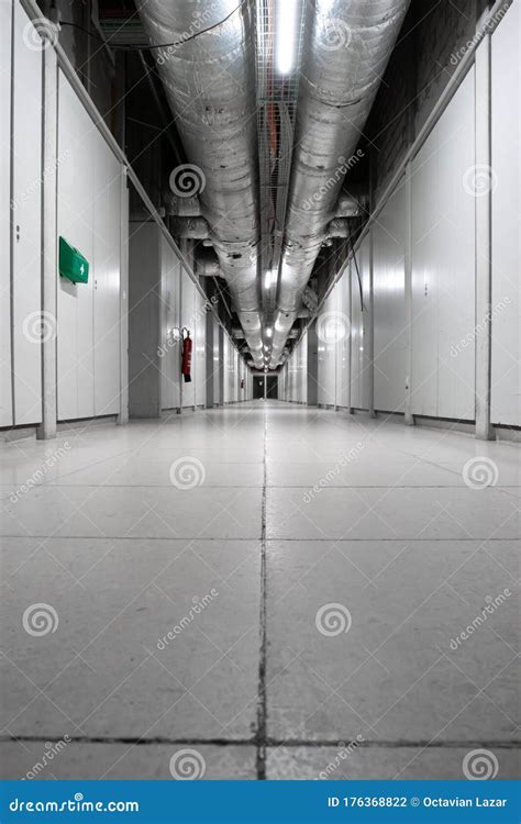 Interior Shot Of Long Empty Corridor In Industrial Building With Thick