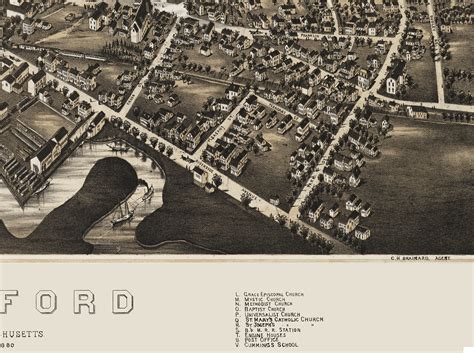 Medford Massachusetts In 1880 Bird S Eye View Map Aerial Panorama Vintage Antique Fine