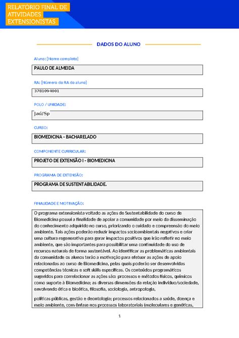 Projeto De Extens O Biomedicina Paulo De Almeida Dados Do Aluno