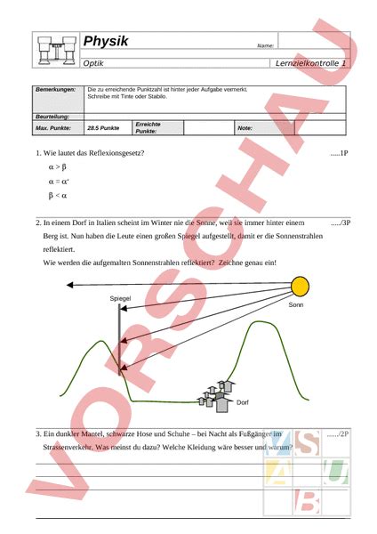 Arbeitsblatt Test Optik Physik Optik