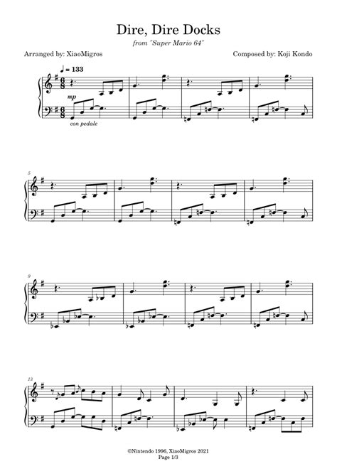 Dire Dire Docks Super Mario 64 Sheet Music For Piano Solo Easy