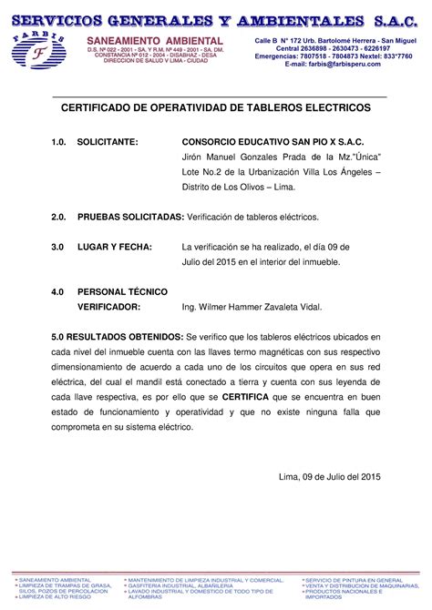 Tablero Electrico CERTIFICADO DE OPERATIVIDAD DE TABLEROS ELECTRICOS